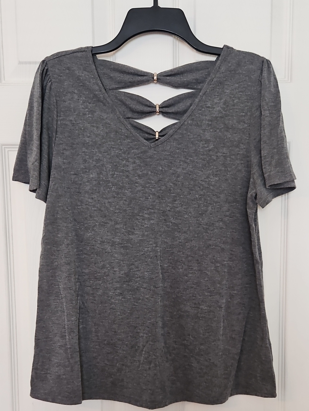 Women's Charcoal Short Sleeve Tee with Decorative V-Back Straps